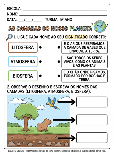 Atividade adaptada sobre litosfera,biosfera e atmosfera para 5°ano