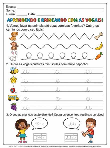 Folha de vogais cursivas e encontros vocálicos