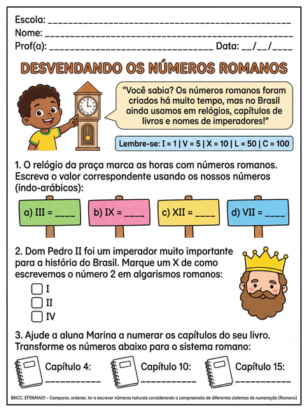 Atividade Números Romanos para o 4º ano