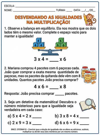 atividades de matemática  para quinto ano sobre igualdade na multiplicação