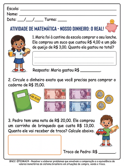 EXERCÍCIOS SOBRE SISTEMA MONETÁRIO PARA 3º ANO