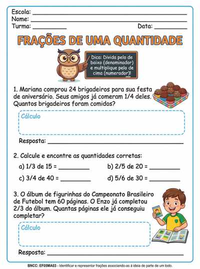 atividades de matemática  para quinto ano sobre calculo de fração e quantidade