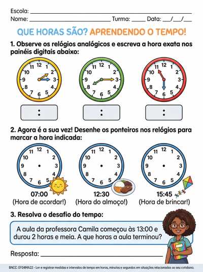 atividades de horas para quarto ano