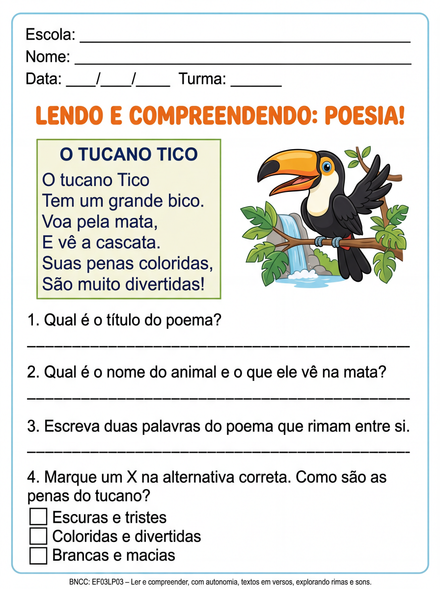 Interpretação de poesia O Tucano Tico 3º ano
