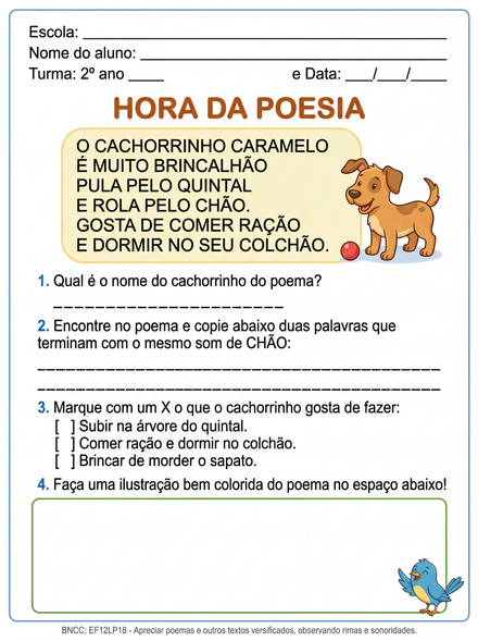 Folha de interpretação de poema O Cachorrinho Car…