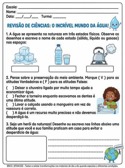 revisão de ciências sobre agua,estados fisico ,presrvação  4 ano