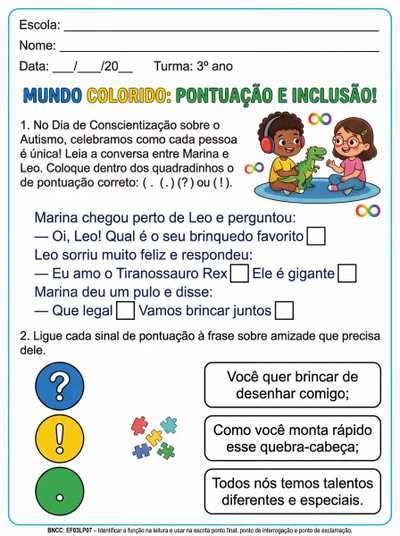 atividade 3 ano sobre pontuação e atividade dia do autismo