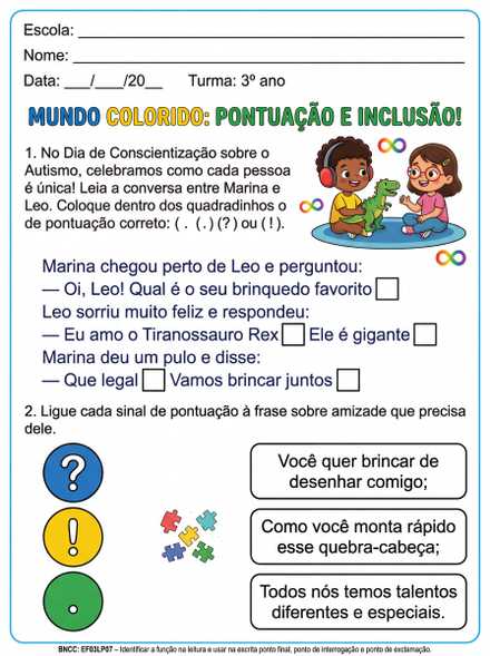 Pontuação e inclusão Dia do Autismo 3º ano