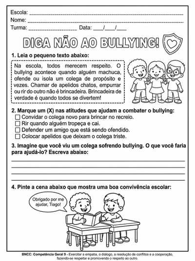 atividades sobre bullying na escola. 4º ano e a atividade em preto e branco