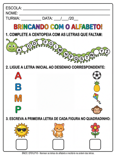 Atividade de português com o alfabeto