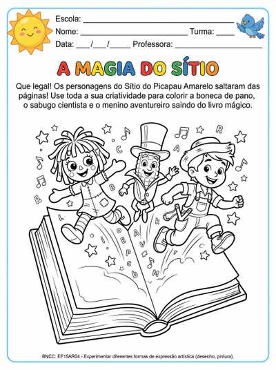 elabore um desenho para colorir com os personagens do sítio do pica pau amarelo saindo do livro