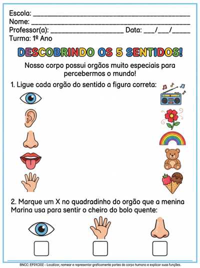Atividades de ciências sobre os órgãos dos sentidos para primeiro ano