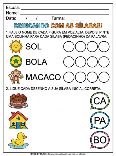Atividades consciência fonológica sílabas para alfabetização