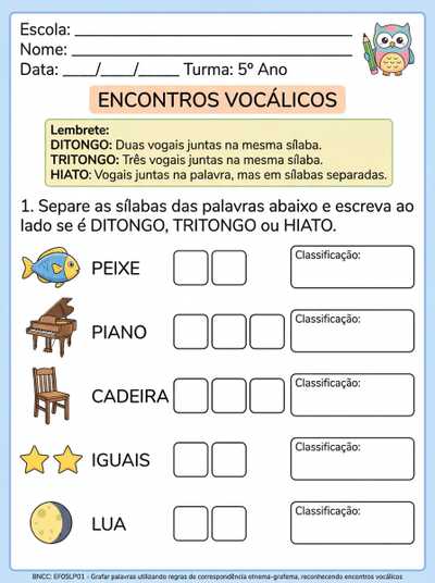 ATIVIDADE ADAPTADA TEA 5º ANO 

1- SEPARAÇÃO DE SÍLABAS E CLASSIFICAÇÃO EM HIATO, DITONGO E TRITONGO COM ESPAÇO AMPLO PARA ESCREVER