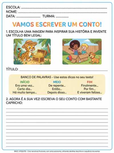 Atividade para produção de texto fase inicial 2ano ensino fundamental com alternativas sugestões de frases para usar no início meio e final do texto. Genero literário contos formato narrativo com temas e ilustrações de sugestão