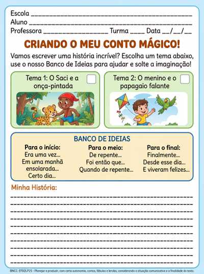 Atividade para produção de texto fase inicial 2ano ensino fundamental com alternativas sugestões de frases para usar no início meio e final do texto. Genero literário contos formato narrativo com temas e ilustrações de sugestão