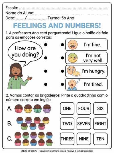 elabore uma atividade adaptada para TEA 5 ANO, inglês abordando :
how are you doing? I'm fine/ I'M NOT VERY WELL/ I'm hungry/ I'm tired
numerais até 10 em inglês