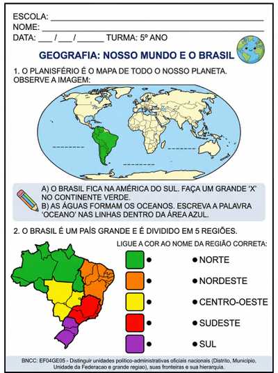 elabore uma atividade adaptada para TEA 5 ANO, geografia abordando :

planisfério, américa do sul , oceanos e regiões do Brasil