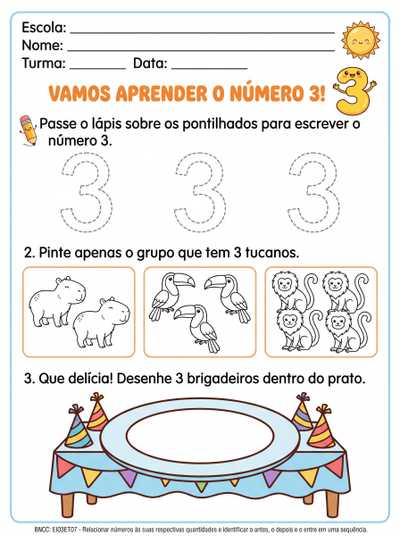 Atividade com o numeral 3 para educação infantil