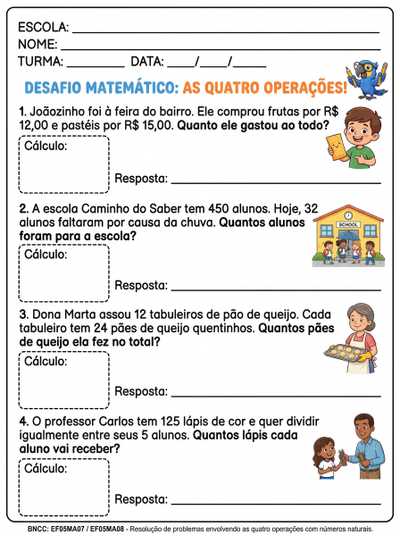 Crie uma atividade de matemática sobre as 4 operações matemáticas para alunos do 5 ano dentro das normas da BNCC.