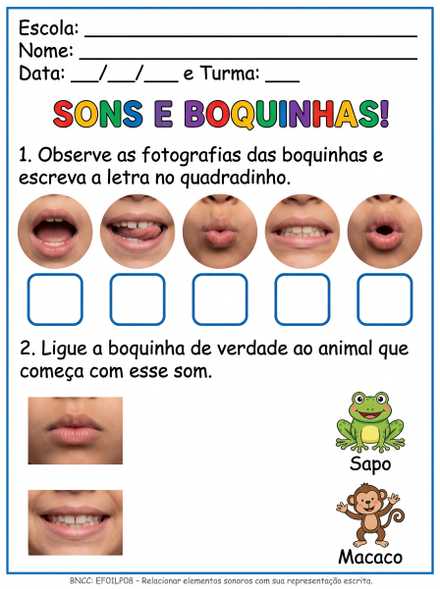 Sons e boquinhas com letras em quadrinhos