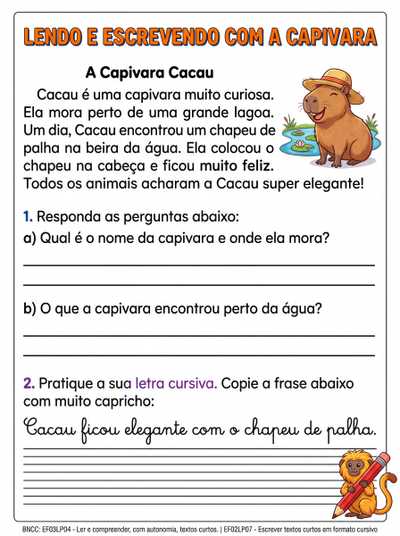 TEXTO PARA INTERPRETAÇÃO E ESCRITA CURSIVA TERCEIRO ANO