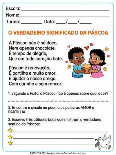 Texto sobre o verdadeiro significado da pascoa , língua portuguesa para todas as turmas dos ano iniciais