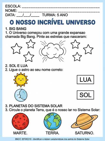 Atividade sobre Big Bang, Sol, Lua e Planetas do…
