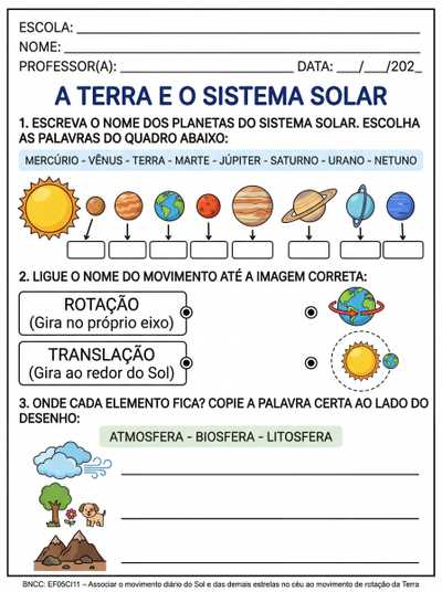 ATIVIDADE PARA ALUNO TEA  5º ANO SOBRE:
5- ESCREVA O NOME DOS PLANETAS DO SISTEMA SOLAR
6- ROTAÇÃO E TRANSLAÇÃO
7- ATMOSFERA, BIOSFERA E LITOSFERA