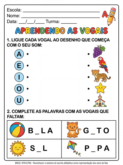 Atividade de alfabetização com as vogais