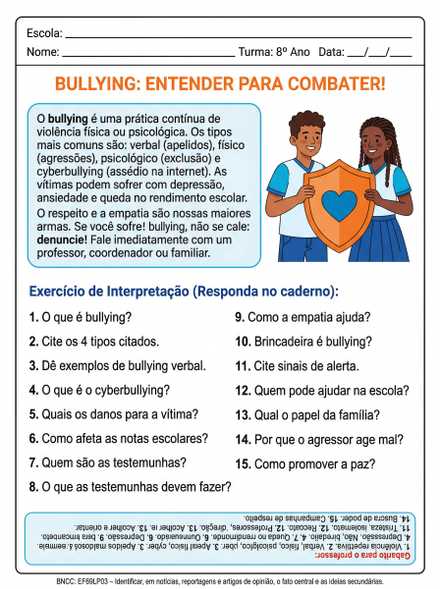 Atividade de interpretação sobre bullying 8º ano