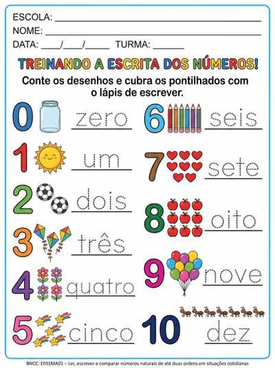 tatividades de traçado da escrita  por extenso dos numeros  de 0 á 10