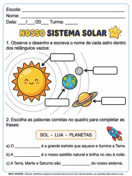 Atividade Nosso Sistema Solar Sol Lua e planetas