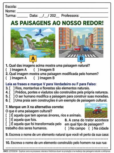 CRIE UMA ATIVIDADE DE 10 QUESTÕES PARA 3º ANO SOBRE DIFERENTES PAISAGENS