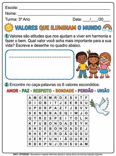 crie uma atividade de ensino religioso sobre valores religiosos e com uma caça palavras para 3º ano