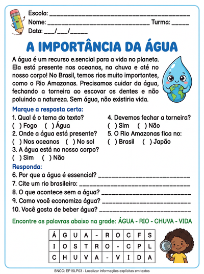 crie um texto informativo de portugues sobre a agua para 3º ano com 10 questoes de multipla escolha e abertas  agora crie uma caça palavras desse texto