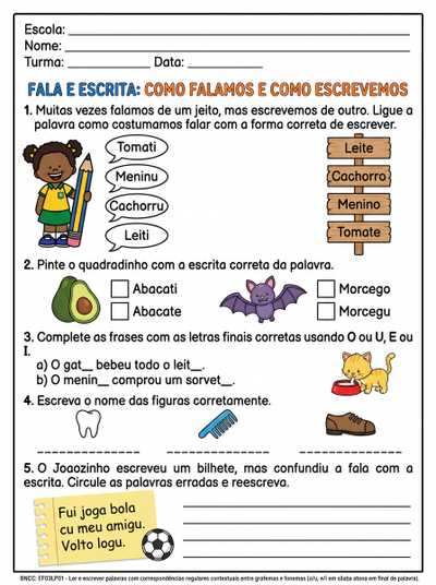 CRIE UMA ATIVIDADE COM 5 QUESTOES  SOBRE DIFERENÇAS ENTRE FALA E ESCRITA DE PALAVRAS PARA O TERCEIRO ANO