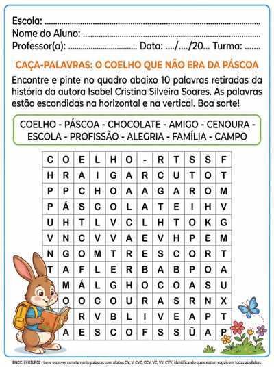 crie um caça palavras com do texto o coelho que não era da pascoa de isabel cristina silveira soares com 10 palavras para o 3º ano