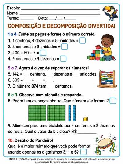 crie uma atividade para o 3º ano  composição e decomposição com 10 quetões. com habilidades de matematica