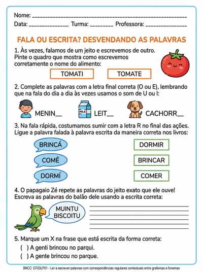 CRIE UMA ATIVIDADE COM 5 QUESTOES SOBRE DIFERENÇAS ENTRE FALA E ESCRITA DE PALAVRAS PARA O TERCEIRO ANO