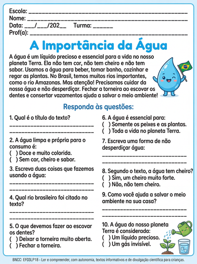 crie um texto informativo de portugues sobre a agua para 3º ano com 10 questoes de multipla escolha e abertas