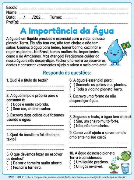 Atividade A Importância da Água 3º ano