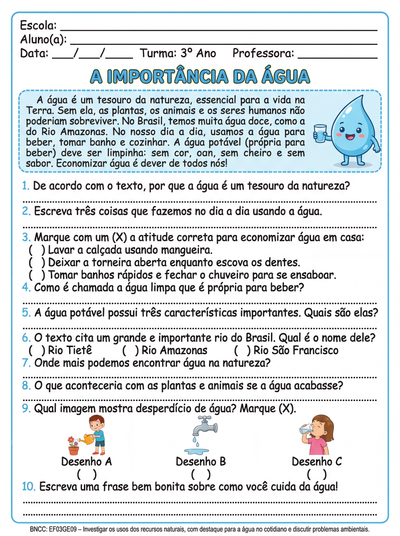 crie um texto sobre a agua para 3º ano com 10 questoes de multipla escolha e abertas