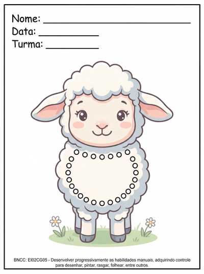 Crie uma atividade de alinhavo com Cordeiro 
Quero a imagem do Cordeiro de frente e os furinhos apenas na parte da barriga do Cordeiro 
Atividade para maternal II