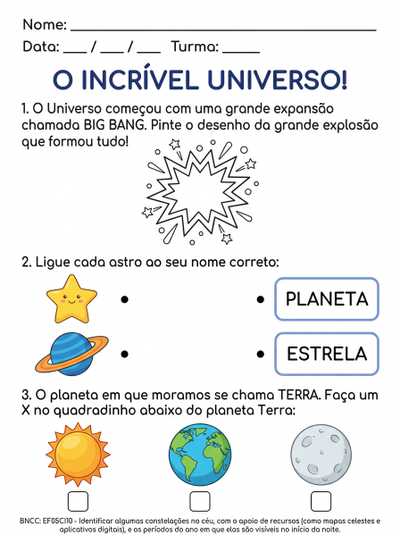 crie uma atividade adaptada para tea 5 ano sobre astros, estrelas, planetas e o big bang
