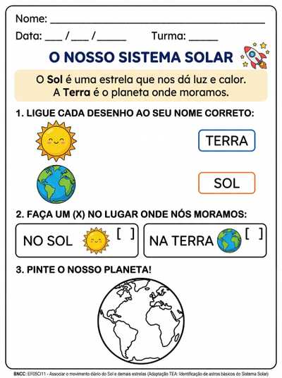 crie uma atividade adaptada para tea 5 ano sobre sistema solar