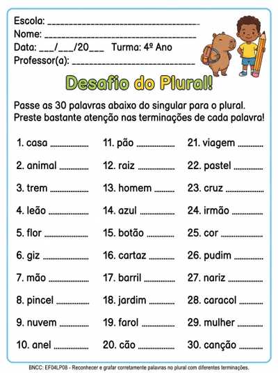 Atividade de para casa 4° ano passar palavras para plural 30 palavras