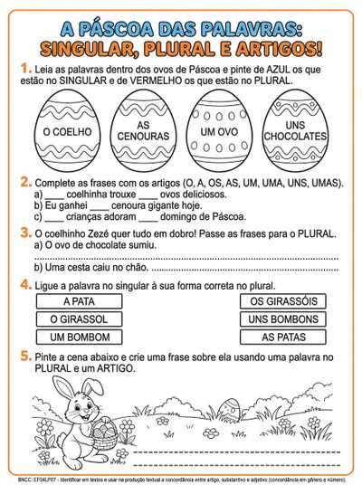 Atividade singular e plural, artigo  tema páscoa 4 ano. Ilustração para colorir . 5 questão