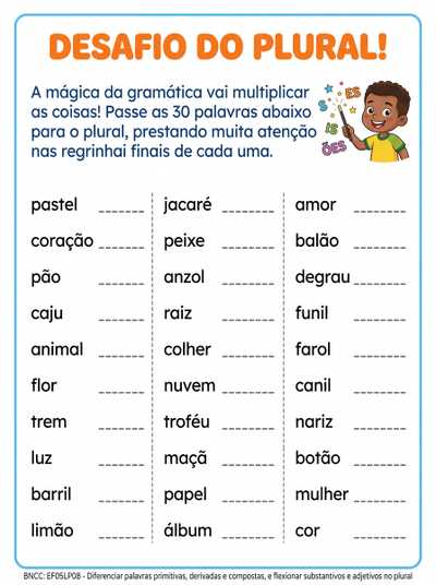 Atividade de para casa 5° ano passar palavras para plural 30 palavras