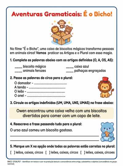 4° ano português filme é o bicho disponível na Netflix  plural e artigo, 5 questões